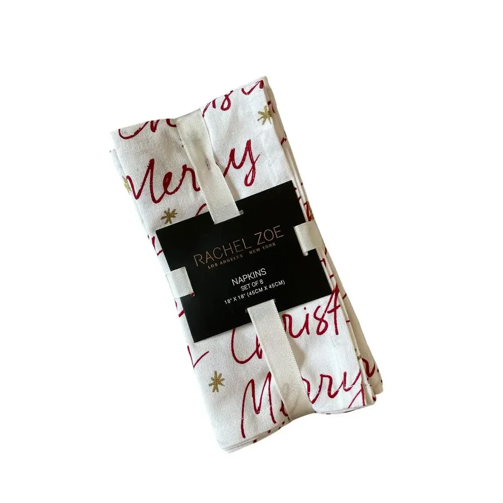 8pc Rachel Zoe Merry Christmas Script Cotton Napkins 18x18 Red Cream Holiday New